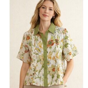 Magaschoni Linen Button Up Floral Workwear Cottagecore Top Cream Multi S NWT